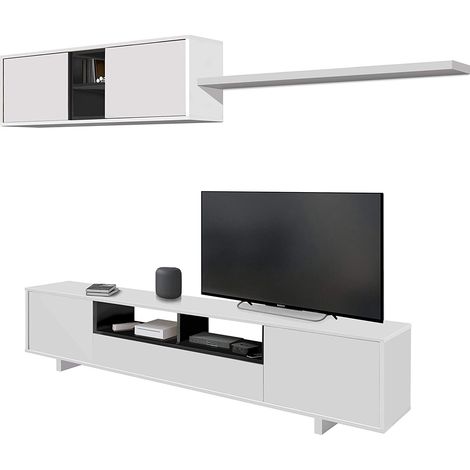 Meuble TV avec 3 portes et 1 Niche de rangement coloris blanc brillant / gris anthracite - H46 x L200 x P41 cm -PEGANE- (1/4)