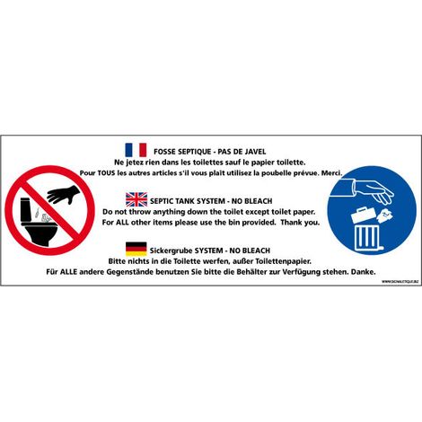 Panneau de signalisation FOSSE SEPTIQUE - PAS DE JAVEL (H0237) - Adhésif - 210 x 75 mm
