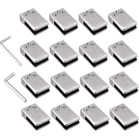 QAZQA Lot de 16 pinces à verre en acier inoxydable 304 -Support carré pour verre -Support réglable en verre plat pour escalier balustrade - Main courante polie - (carré de 10 à 12 mm)