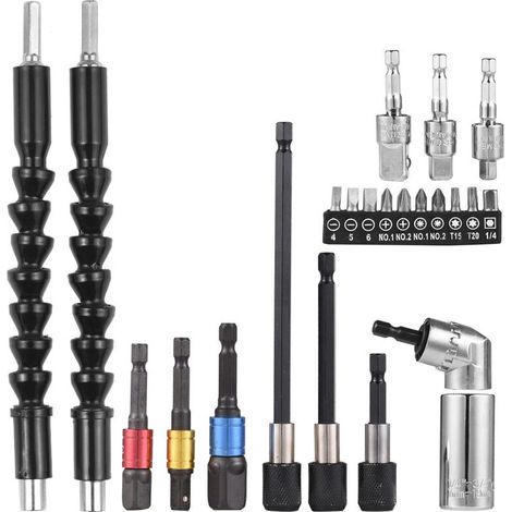 Kit 23 pièces clés douille Rallonge, clé universelle, adaptateur angle droit 105° tige hex Accessoire perçage, filière, clé pipe, forets flexibles, porte-foret tige souple (1/5)