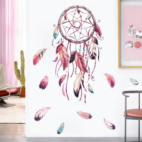 Stickers Muraux Attrape Rêves Autocollant Mural Plume Fleur Décoration Murale Salon Chambre Bébé Fille Pépinière Enfant (96cmx48.5cm) (1/4)