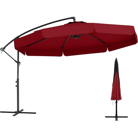 Parasol de 300 cm avec housse de protection, manivelle et volant, angle d'inclinaison réglable, parasol de jardin, de marché, rouge (1/5)