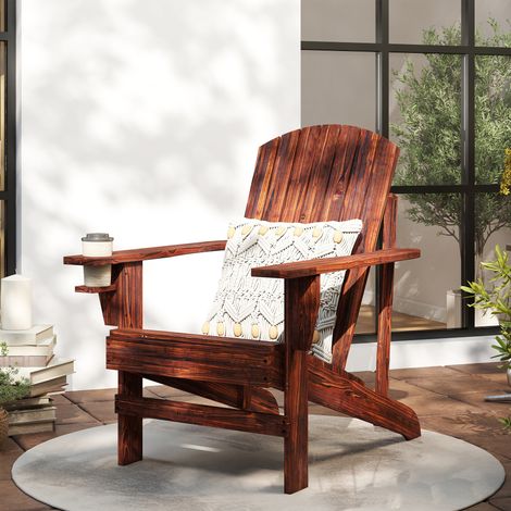 Chaise de jardin Adirondack avec porte-gobelet, chaise longue de jardin, chaise de balcon, bois massif, finition brûlée, 72 x 95 x 93 cm (1/5)