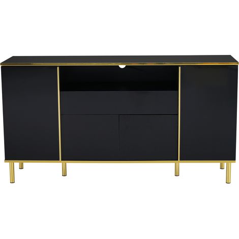 Buffet noir laqué brillant avec 1 tiroir et 4 portes, dimensions 150 x 40 x 80 cm (1/5)