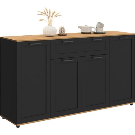 Idmarket – Buffet 140 cm 4 portes et 1 tiroir noir – Structure en panneaux de particules – Plateau bois clair – Rangement optimisé pour salle à manger
