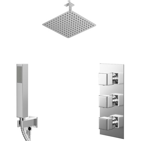 Cubix Polished Chrome Concealed Triple Thermostatic Shower Valve and 300mm Square Head with 150mm Ceiling Arm and Outlet Holder with Kit - 2 Outlet (1/5)