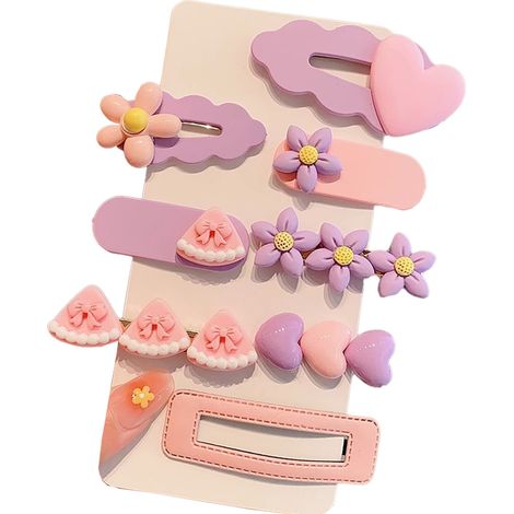 8 pinces à cheveux enfants, motifs fleurs bonbons cœurs, couleurs rose jaune bleu violet, pour bébés et petites filles (1/5)