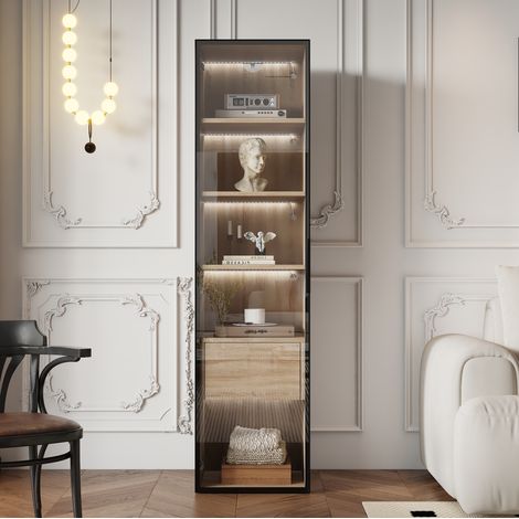 Badezimmerschrank 40 cm Natur MDF mit Schublade, Glastür und offenen Fächern (1/5)