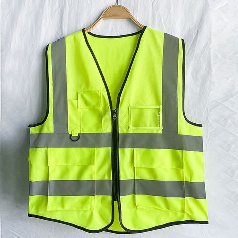Gilet de sécurité réfléchissant vert, en tissu, à fermeture éclair et poches multiples, idéal pour la construction, l'industrie et les bâtiments routiers et autoroutiers. (1/5)