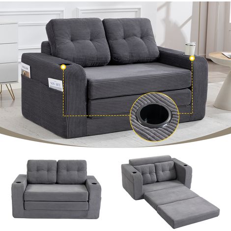 CAIziCanapé 2 places en velours côtelé avec porte-gobelets et poches latérales, pouf double convertible, canapé 2 places sans armature avec coussins matelassés et dossier, grand canapé pouf (velours c