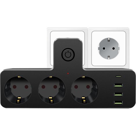 Wandsteckdosenleiste, Steckdosenleiste mit Schalter 3 USB und 1 Typ C, 7 in 1 Mehrfachsteckdose, USB-Steckdosenleiste, Schwarze Steckdosenleiste für Zuhause, Büro