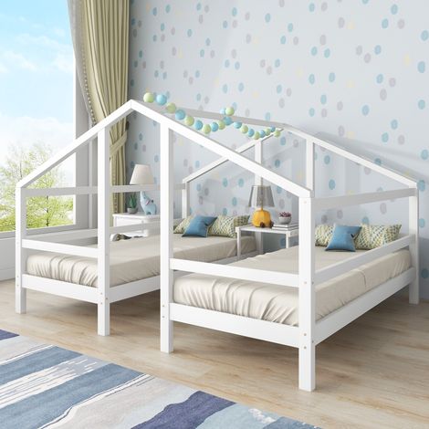 Hausbetten 90x200cm - Lattenrost, Absturzsicherung, Kinderbett mit Nachttischen, Bettgestell, skandinavischer Stil, Massivholz - Weiß (1/5)