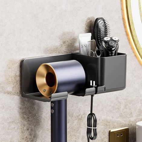 Soporte para secador de pelo sin taladrar, soporte para secador de pelo, no requiere taladrar, soporte para secador de pelo con enchufe y almacenamiento con organizador de cables, compatible con la ma (1/4)