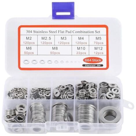 684 Pièces Inox Rondelles Plates Metal, pour Gonds de Porte, 9 Tailles Rondelles Acier Inoxydabl 304 - M2 M2.5 M3 M4 M5 M6 M8 M10 M12 Rondelle Carrossier Inox (1/4)
