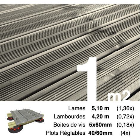 Kit complet terrasse Pin autoclave Gris pour 1 m² • Lames 5,1 m, lambourdes 4,2 m, plots réglables et visserie Inox (1/3)