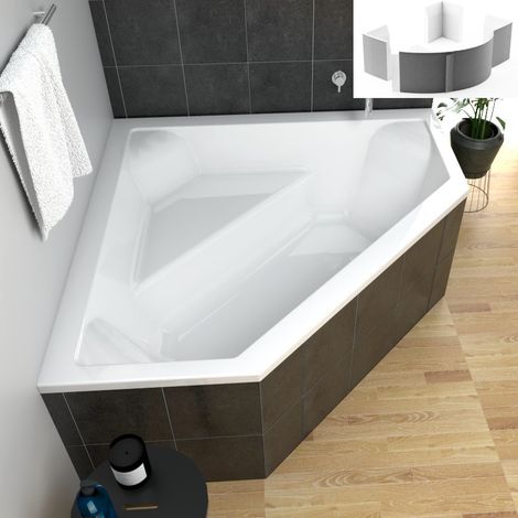 ECOLAM Badewanne IRMA 140 x 140 cm Eckwanne + Wannenträger Styroporträger verfliesbar Eckbadewanne Fünfeckform symmetrisch Ablaufgarnitur Füße Silikon