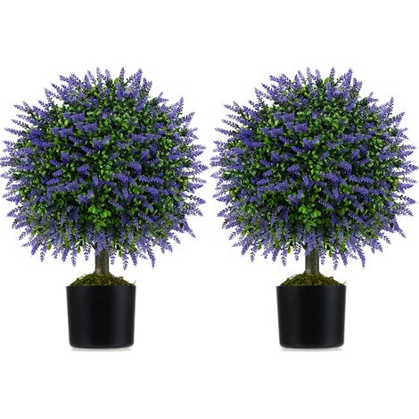 Lot de 2 Boules de Lavandes Artificielles de 58 cm avec Pot en Ciment, Arbuste Artificiel pour Intérieur Extérieur, Décoration (1/5)
