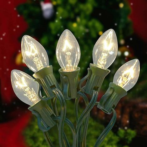 Guirlande lumineuse de Noël de 7,6 m (25 pi) avec 27 ampoules transparentes C7 style vintage, culot E12 (2 ampoules de rechange de 5 W), pour l'extérieur. (1/5)