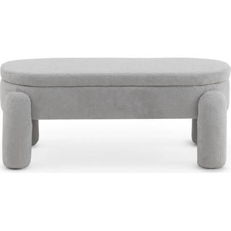 Pouf mit Gestell und Beinen, bezogen mit hellgrauem Bouclé (1/5)