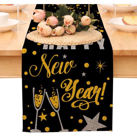 Chemin de table « Bonne année », nappe noire et or à pois et étoiles, décoration pour la maison et la cuisine, ambiance champêtre, linge de table en toile de jute pour les fêtes d'hiver 2026