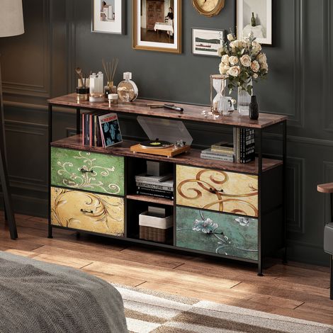 Meuble TV, LED Meuble Tele Haut, Meuble TV avec Rangement, Etagères Réglables, 4 tiroirs en Tissu, Intégrez Solutions Rangement Optimisez Visionnage Améliorez L'esthétique (Multicolour, 108cm) (1/5)