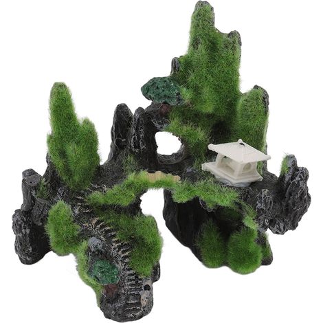 Aquarium rocailleux paysage en résine simulant un décor polyvalent avec vue sur la montagne et mousse, pont et pavillon (1/5)