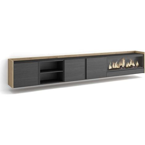 Mueble TV Benamargosa-02 de 315x50x35 cm con chimenea eléctrica XXL, suspendido, color negro y roble (1/4)
