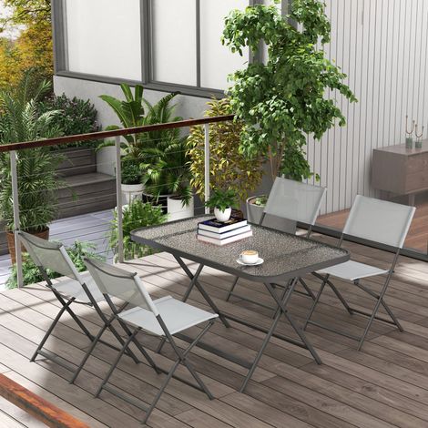 Gartenmöbel-Set mit 4 Stühlen und 1 Tisch, 5-teiliges stapelbares Garten-Lounge-Set, Textilene-Stühle, Tischplatte aus gehärtetem Glas, grau