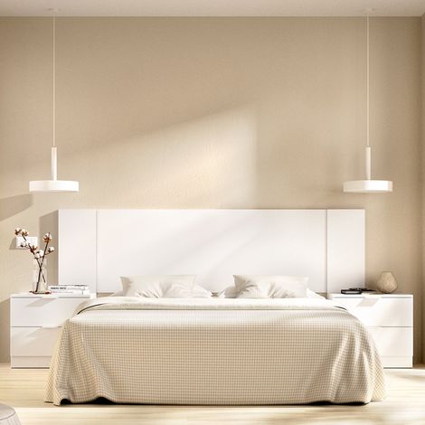 Cabezal Sierra con 2 Mesitas, Plaza y Media, Estructura Marrón, 34x251 cm Blanco (1/5)