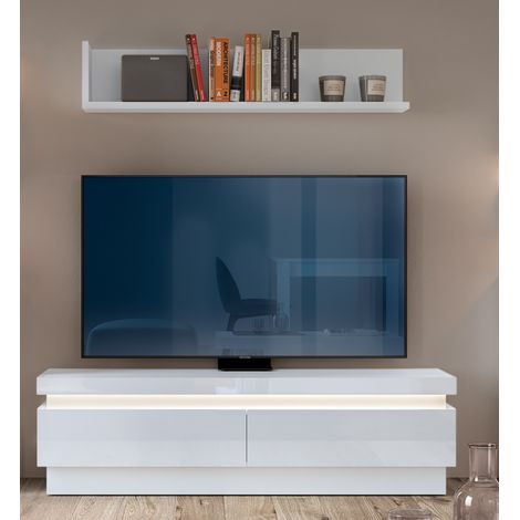 Wohnzimmer TV-Möbel Set, Lowboard & Wandboard, in weiß Hochglanz mit indirekter Beleuchtung, LYNDHURST-129, B/H/T ca. 147/165/42 cm (1/4)