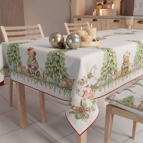 Nappe de Noël Anti-Taches Carrée, Couvre-Table, Cuisine, Motif Xmas Bears X4 Places (140 x 140 cm) 100% fabriquée en Italie (1/5)