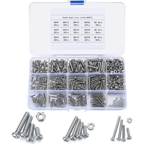 480 Pièces Ensemble d'écrous et Boulons, M2/M3/M4 Jeu de Vis et écrous à Tête Ronde Acier Inox, Vis Voulons et écrous à Tête Hexagonale Allen pour Machine Meubles (1/5)