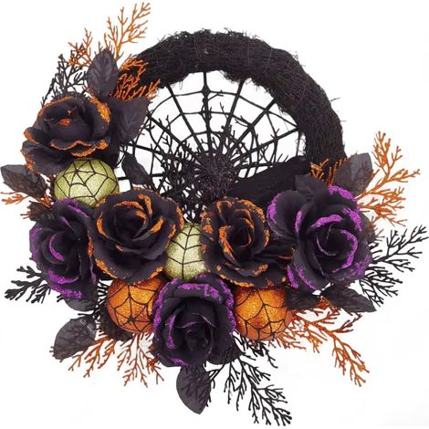 Décoration Halloween Boule de Fleurs Artificielles Noires avec Toile d'Araignée Pour Porte d'Entrée Mur Garage et Porche 53cm (1/5)