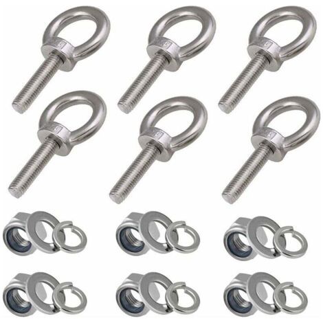 Boulons à œil M8, 6 Pièces  Longueur du filetage 30mm  Nylon Écrou de Blocage et Rondelles de Blocage, Boulons filetés extérieurs en acier inoxydable 304 Marine