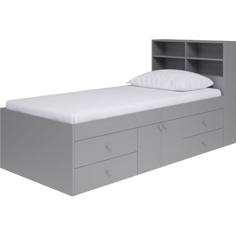3 Feet Captain’s Cabin Single Bed with Bookcase Headboard - L214 x W96 x H100 cm - Grey - Assembly Required