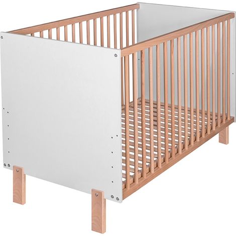 Monmobilierdesign – Lit bébé évolutif 120x60 cm – Bois de hêtre vernis écologique – Sommier réglable 5 positions – Design moderne blanc et bois