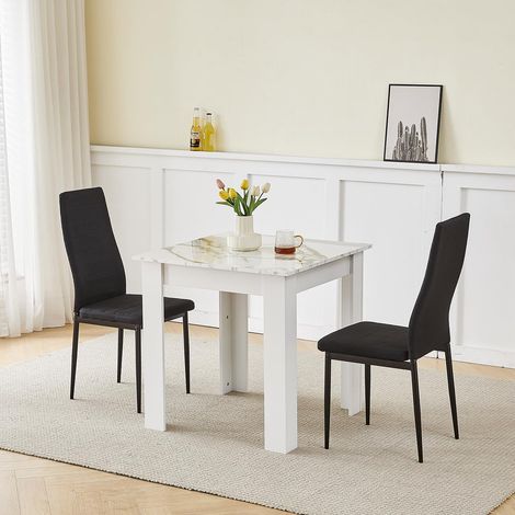 75x75cm Square Dining Table and Chairs Set, Small Dining Room Set High Gloss Dining Table with Chairs Home Furniture (Black Linen, Marble-White Table with 2 Chairs)
