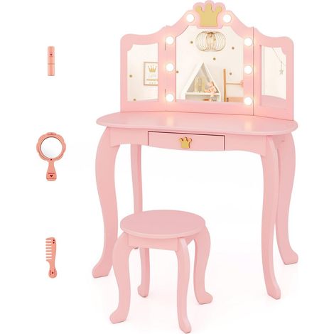 COSTWAY Set Toeletta Trucco per Bambina con Sgabello, Tavolo Trucco Triplo Specchio Staccabile con Luci LED a 3 Colori, Postazione Trucco con Cassetto e Accessori, per Bambine 3-7 Anni (Rosa) (1/5)