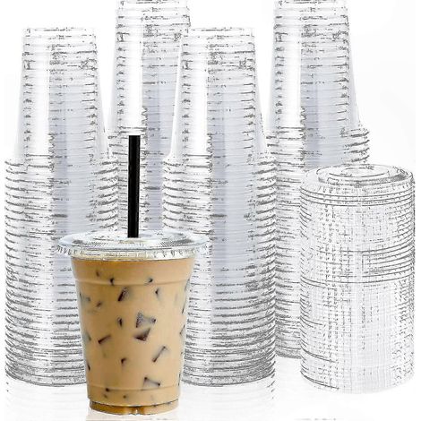 Gobelets transparents de 35 cl avec couvercles, paquet de 100 pièces, adaptés au service de boissons froides, de smoothies et de café. (1/4)