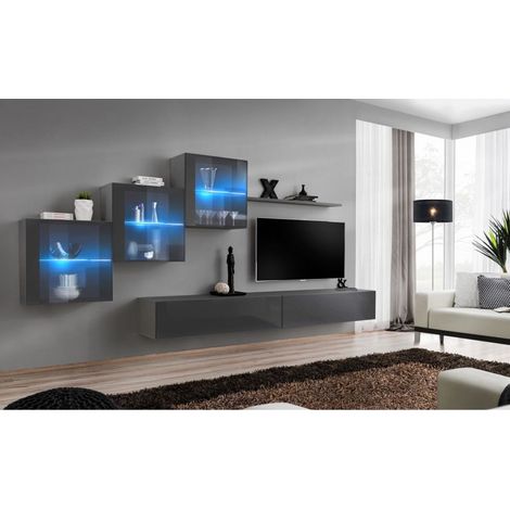 Ensemble mural - Switch XX - 3 vitrines - 2 bancs TV - 1 étagère - Graphite - Livraison gratuite