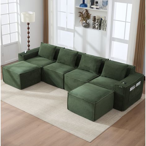 Canapé modulable 4 places, avec 2 poufs, porte-gobelets et poches latérales, en velours côtelé, vert (1/5)