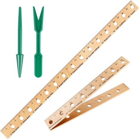 Wooden Plant Ruler, Garden Measuring Tool, Raised Bed Guide, Pre Drilled Hole Layout, Built in Dibber Stick, Outdoor Vegetable Spacing and Planting Accuracy 14.96x1.77x0.63 Inches (1/5)