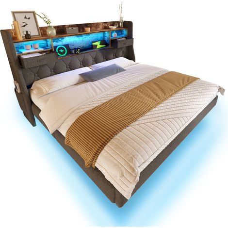 CHICFURN Lit double rembourré 140x190 cm avec LED d'ambiance, tête de lit avec rangement, 1 Type-C et 3 ports USB, cadre en tissu gris, sommier à lattes, sans matelas (1/5)
