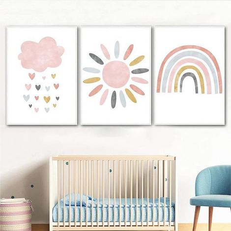 Lot de 3 posters Affiche Chambre Enfant Deco Tableau Fille Decoration Arc-en-Ciel Nuage Soleil Affiche sans Cadre Idéal 30 x 21cm (1/5)