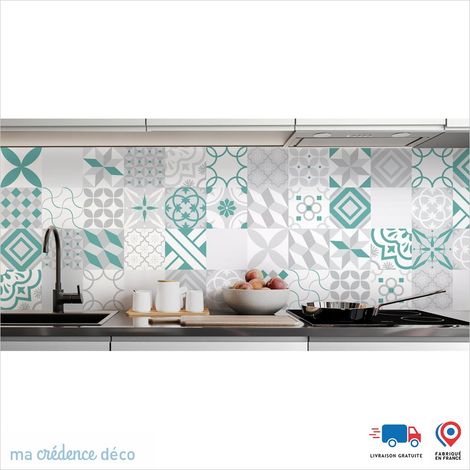 Crédence : Carreaux ciment gris et couleurs - Couleur Vert pastel - Alu composite - 60 - 120 (1/3)