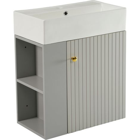 Hängender Badschrank mit Keramikwaschbecken 55 cm Grau und Weiß (1/5)