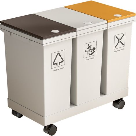 20L 3-Compartment Rolling Trash Can with Wheels, 16 Gallon