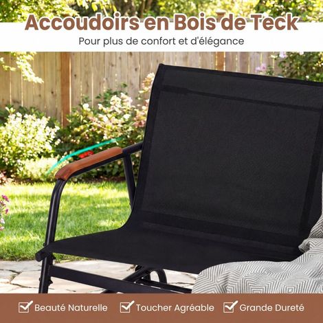 Banc à bascule de jardin noir 2 places avec accoudoirs en teck et assise respirante sur cadre métallique pour terrasse jardin et (1/5)