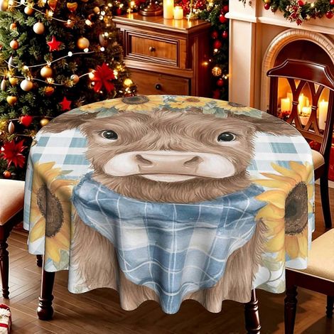 Nappe ronde douce à motif vache des Highlands et foulard à carreaux (1 pièce), nappe de table à thème pique-nique, anti-rétrécissement pour cuisine de ferme (1/4)