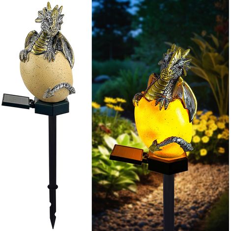 Lampe solaire dragon or et argent statue œuf lumineux, décoration médiévale extérieure, cadeau original pour jardin et femme (1/5)